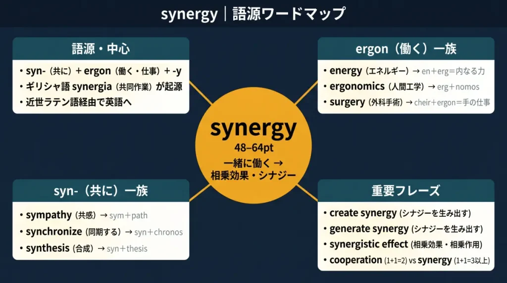 synergy の語源ワードマップ。中心は synergy（一緒に働く→相乗効果・シナジー）で、syn-（共に）＋ ergon（働く）＋ -y に分解。語源・中心クラスタにギリシャ語 synergia の由来、ergon（働く）一族（energy／ergonomics／surgery）、syn-（共に）一族（sympathy／synchronize／synthesis）、重要フレーズ（create synergy／synergistic effect）の4クラスタに整理した図。