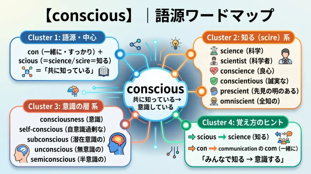 conscious の語源ワードマップ。中心は conscious（＝共に知っている→意識している）で、con（一緒に）＋scious（science＝知る）に分解。知る（scire）一族（science / scientist / conscience / conscientious / prescient / omniscient）、意識の層一族（consciousness / self-conscious / subconscious / unconscious / semiconscious）、覚え方のヒント（scious→science）の4クラスタに整理した図。