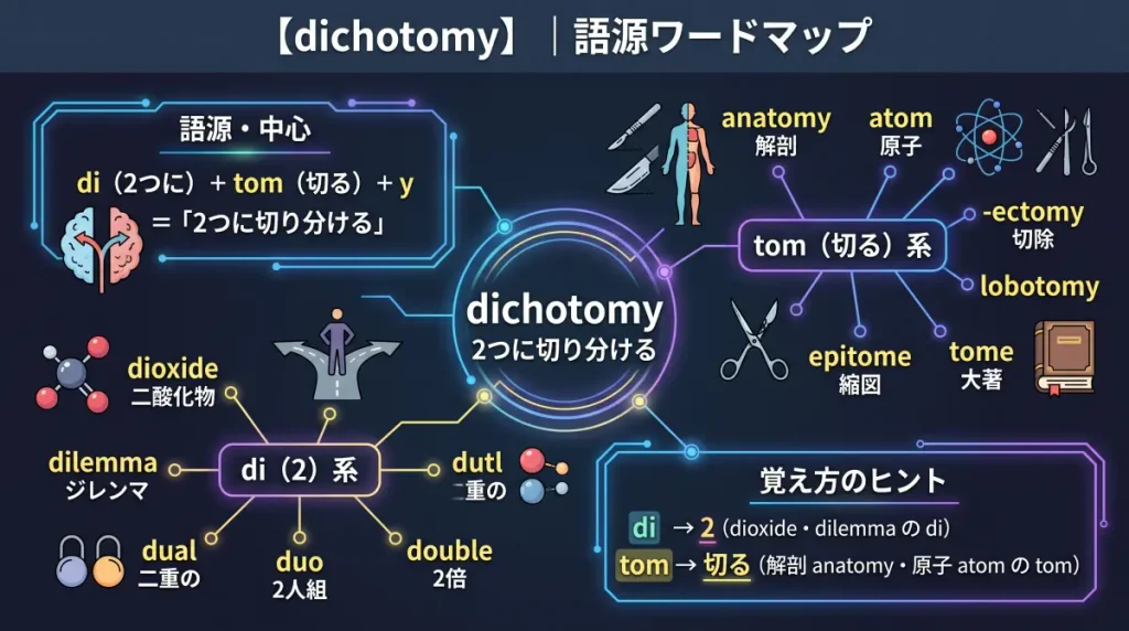 dichotomy の語源ワードマップ。中心は dichotomy（＝2つに切り分ける）で、di（2つに）＋tom（切る）＋y に分解。覚え方のヒント（di→2、tom→切る）、tom（切る）一族（anatomy / atom / -ectomy / lobotomy / epitome / tome）、di（2）一族（dioxide / dilemma / dual / duo / double）の4クラスタに整理した図。