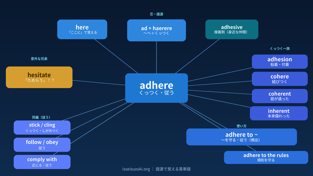 adhereの語源ワードマップ。中心にadhere(くっつく・従う)、芯にad+haerere(〜へ+くっつく)と覚え方のhere、身近な仲間adhesive、くっつく一族としてadhesion・cohere・coherent・inherent、意外な兄弟hesitate(ためらう)、同義のstick・cling・follow・obey・comply with、使い方adhere to ~を配置した青基調の図。