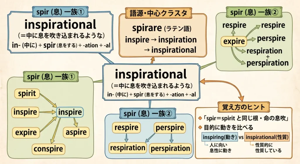 inspirationalのワードマップ生成 レイアウト情報等は除外
inspirational の語源ワードマップ。中心は inspirational(=中に息を吹き込まれるような)で、in(中に)+ spir(息をする)+ -ation + -al に分解。語源・中心クラスタに spirare(ラテン語)と inspire → inspiration → inspirational の派生ステップ、spir(息)一族①に spirit / inspire / expire / aspire / conspire、spir(息)一族②に respire / perspire / respiration / perspiration、覚え方のヒントに「spir=spirit と同じ根・命の息吹」と inspiring(動き)vs inspirational(性質)の使い分けを整理した図。