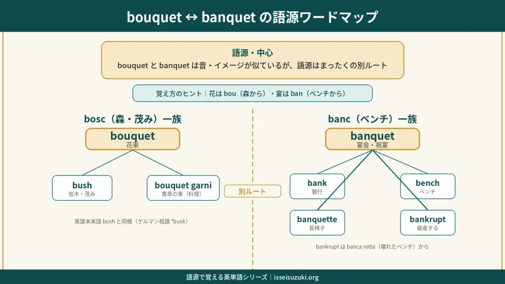 bouquetとbanquetの語源ワードマップ。中心は「bouquetとbanquetは音が似ているが語源は別ルート」。bouquetはbosc（森・茂み）一族（bush／bouquet garni）、banquetはbanc（ベンチ）一族（bank／bench／banquette／bankrupt）に分けて整理した図。