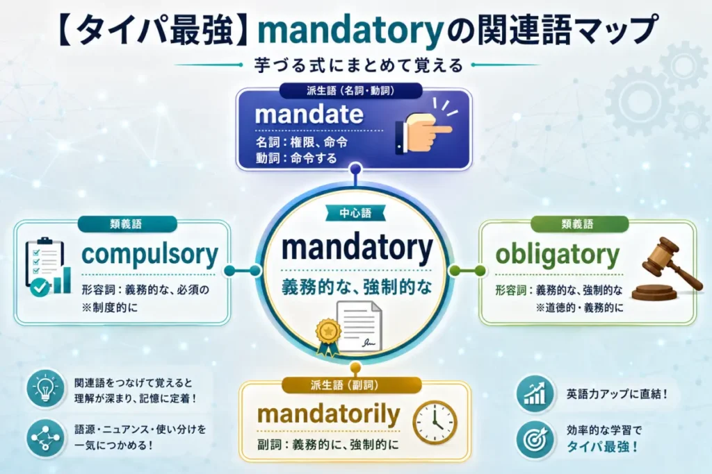 英単語mandatoryの意味「義務的な」を中心に、派生語(mandate, mandatorily)と類義語(compulsory, obligatory)を一撃でまとめて覚える周辺ワードマップのイラスト。