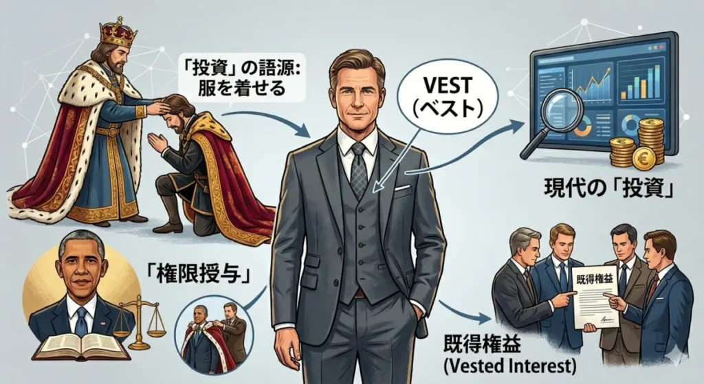 スリーピーススーツの男性を中心に、「invest（投資）」の語源（服を着せる）から現代の投資、権限授与、既得権益への意味の広がりを日本語で解説する図解。