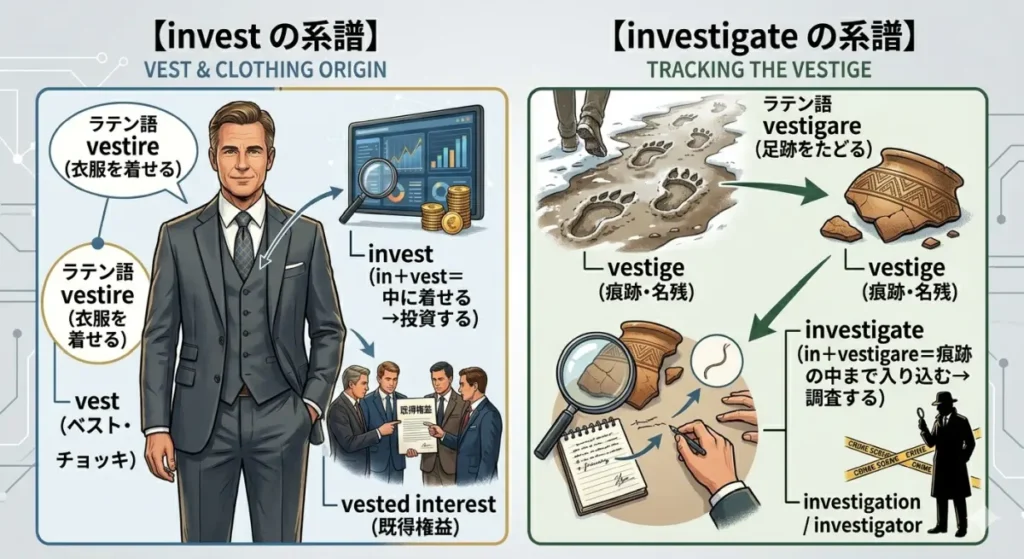 「invest（投資）」と「investigate（調査）」という、スペルは似ているが語源が異なる2つの単語の系譜を比較・解説するインフォグラフィック。
左側には、スリーピース・スーツを着用した投資家と、ラテン語で「衣服を着せる」を意味する「vestire」から「vest（ベスト）」、「invest（投資する）」、「vested interest（既得権益）」へと続く言葉の系譜が図解されている。