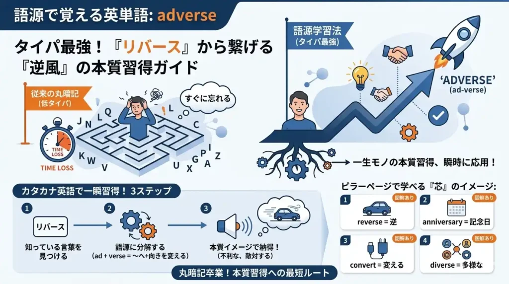 タイパ最強!語源で覚える adverse。なぜ「逆境」と「リバーシブル」は同じなの?をイメージで理解するインフォグラフィック画像