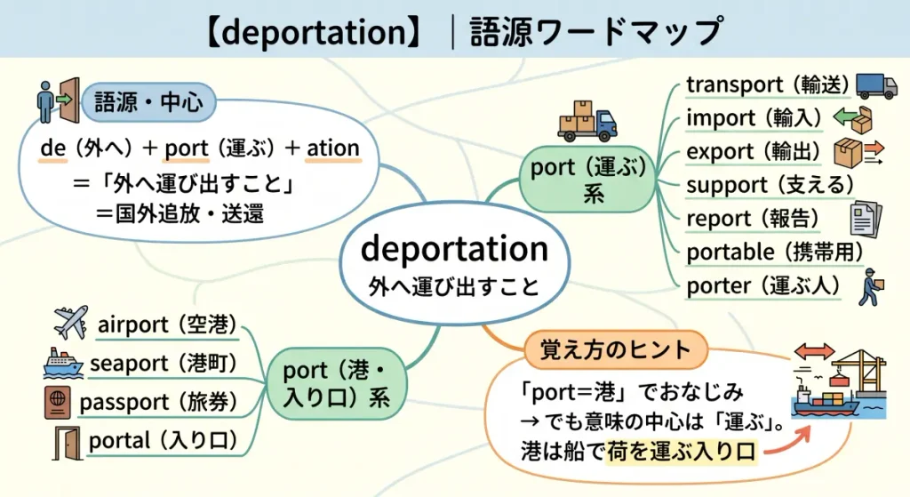 deportation の語源ワードマップ。中心は deportation(=外へ運び出すこと)で、de(外へ)+port(運ぶ)+ation に分解。port(運ぶ)一族(transport / import / export / support / report / portable / porter)、port(港・入り口)一族(airport / seaport / passport / portal)、覚え方のヒント(port=港でおなじみ・でも意味の中心は運ぶ)の4クラスタに整理した図。