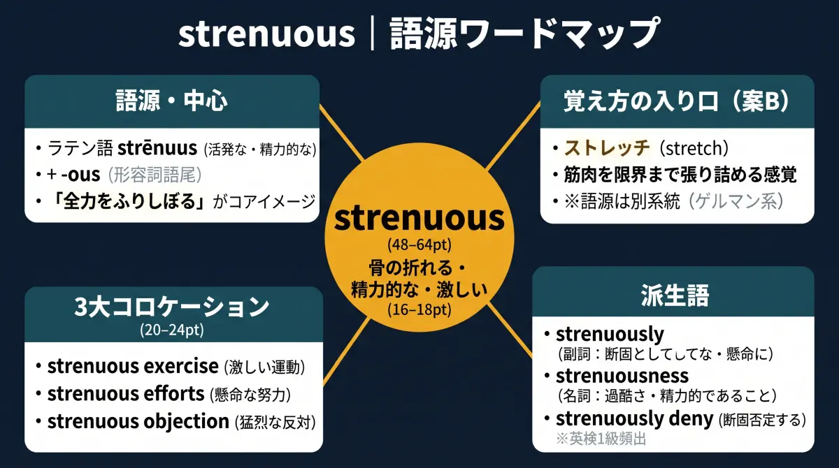 【語源で覚える】strenuous｜「ストレッチ」に似てる？骨の折れる単語の正体