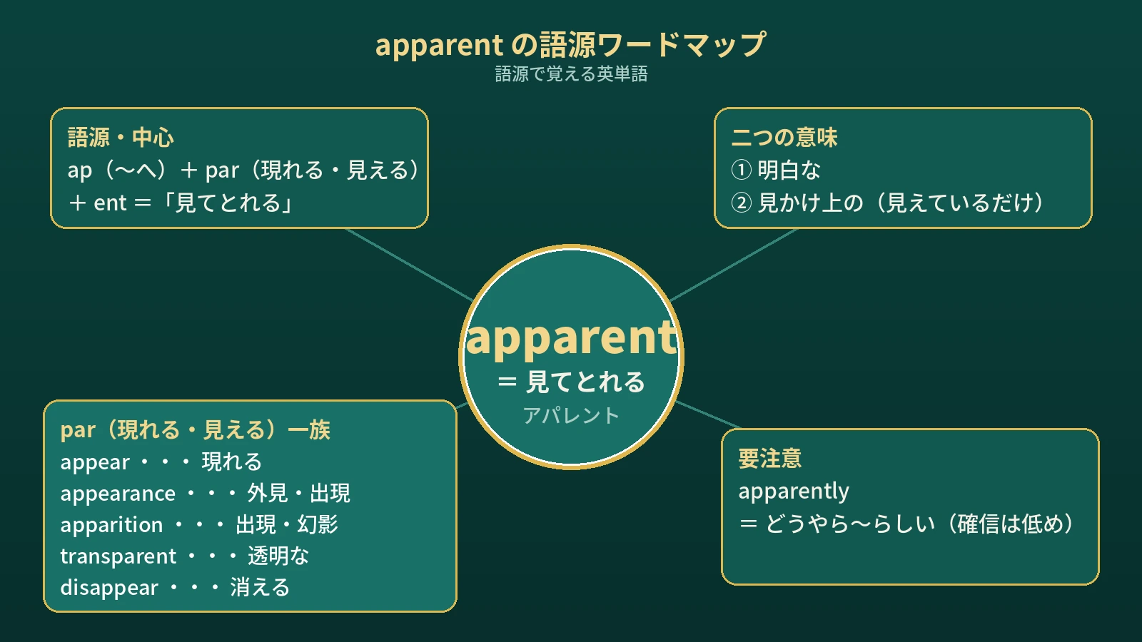 【語源で覚える】apparent｜appear と同じ「見えている」から、「明白」にも「見かけだけ」にも