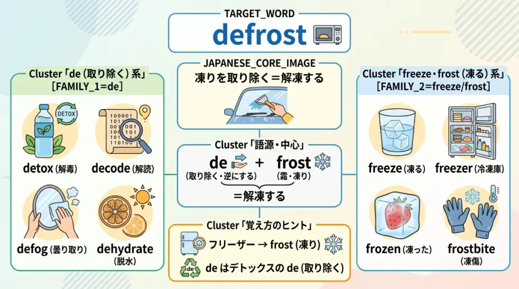 defrost の語源ワードマップ。中心は defrost(=凍りを取り除く=解凍する)で、de(取り除く・逆にする)+frost(霜・凍り)に分解。de(取り除く)一族(detox/decode/defog/dehydrate)、freeze・frost(凍る)一族(freeze/freezer/frozen/frostbite)、覚え方のヒント(フリーザー→frost、de はデトックスの de)の4クラスタに整理した図。