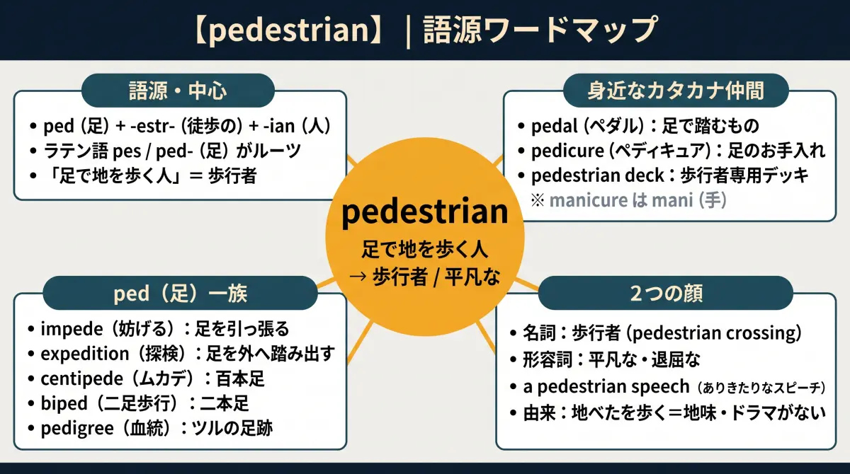 【語源で覚える】pedestrian｜「ペダル」と同じ？歩行者から「平凡な」まで広がる足の言葉