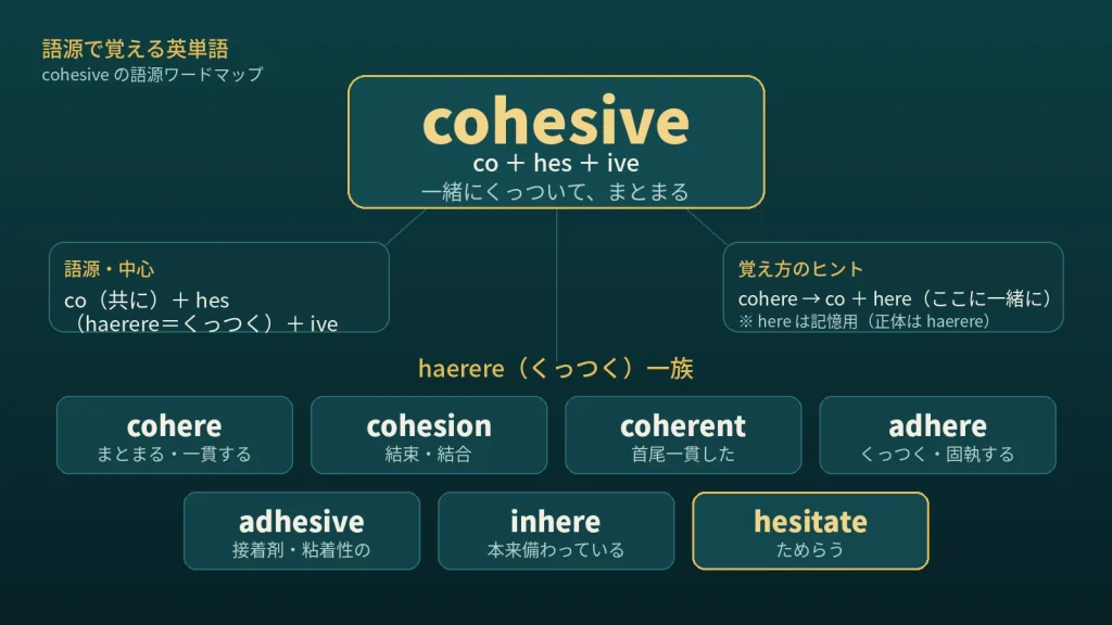 cohesive の語源ワードマップ。中心は cohesive（＝一緒にくっついてまとまる）で、co（共に）＋hes（haerere＝くっつく）＋ive に分解。覚え方の手がかり（cohere → co＋here）、haerere（くっつく）一族（cohere / cohesion / coherent / adhere / adhesive / inhere / hesitate）を整理した図。