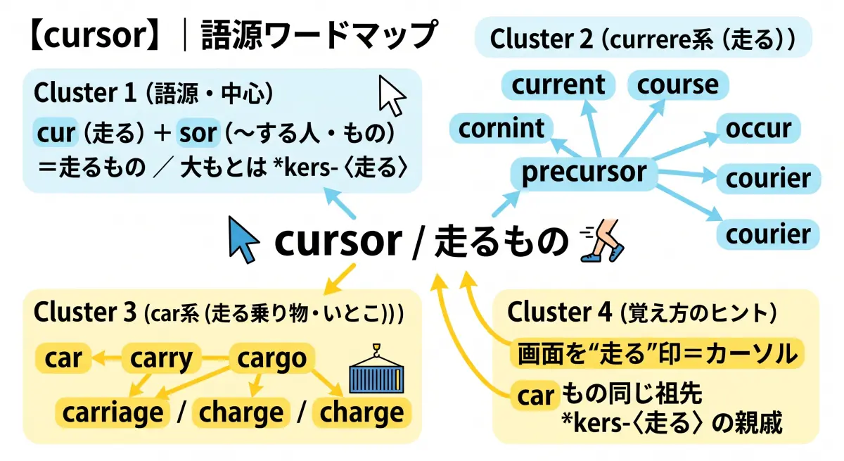 【語源で覚える】cursor｜パソコン画面を走るあの印、正体は「走る人」