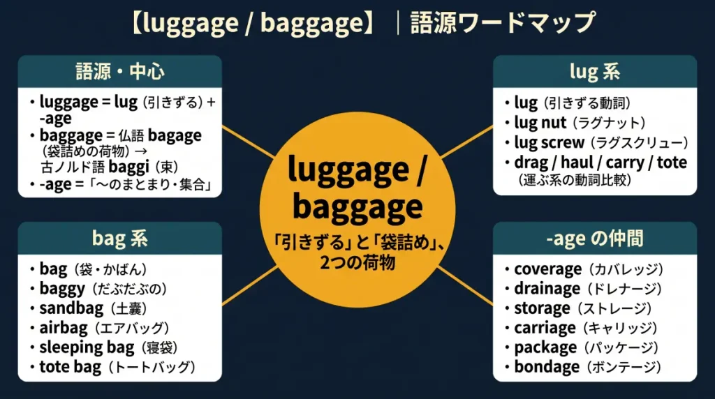 luggage と baggage の語源ワードマップ。中心は luggage / baggage(「引きずる」と「袋詰め」、2つの荷物)で、語源・中心クラスタに lug(引きずる)+ -age = luggage、仏語 bagage → baggage の語源の流れを整理。lug 系クラスタに lug nut・lug screw・drag・haul・carry・tote、bag 系クラスタに baggy・sandbag・airbag・sleeping bag・tote bag、-age の仲間クラスタに coverage・drainage・storage・carriage・package・bondage を収録した図。