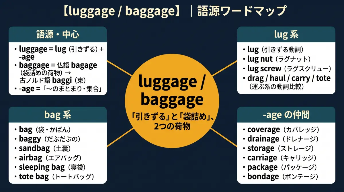 【語源で覚える】luggage｜「引きずる」から生まれた旅の言葉、baggage との違いは？
