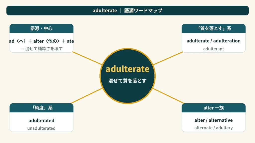 adulterate の語源ワードマップ。中心は adulterate(=混ぜて質を落とす)で、ad〈〜へ〉+alter〈他の〉+ate に分解。「質を落とす」系(adulterate / adulteration / adulterant)、「純度」系(adulterated / unadulterated)、「alter一族」(alter / alternative / alternate / adultery)の4クラスタに整理した図。
