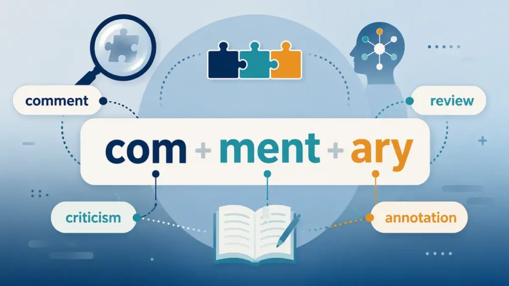 commentaryの語源とパーツ分解（com＋ment＋ary）とcomment・review・criticism・annotationとの違いを示した図解