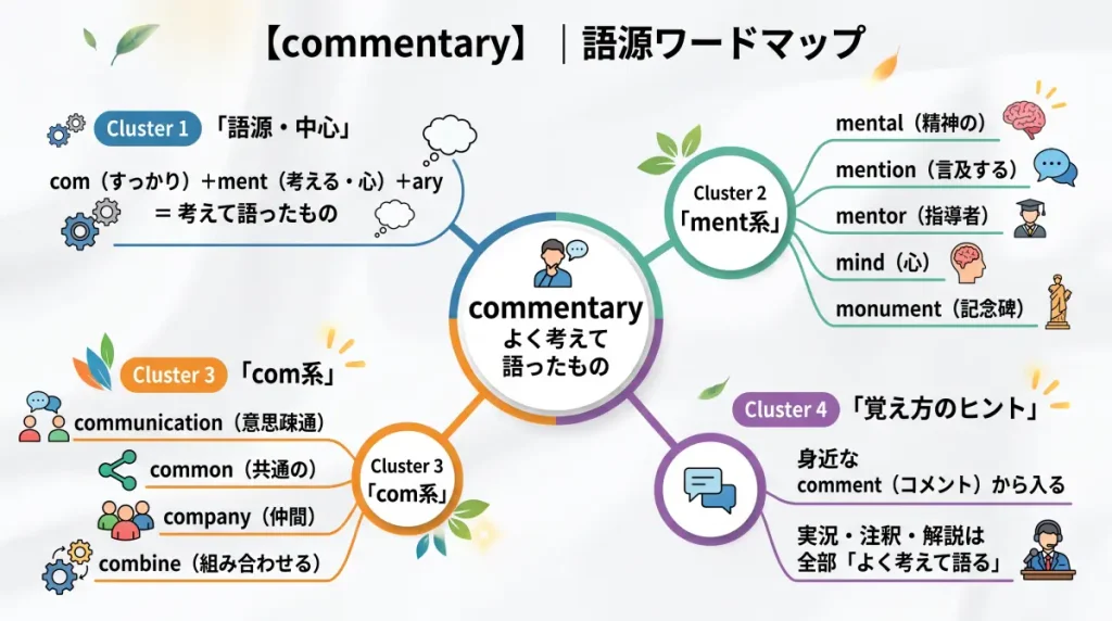 commentary の語源ワードマップ。中心は commentary（＝よく考えて語ったもの）で、com（すっかり）＋ment（考える・心）＋ary に分解。ment（考える）一族（mental / mention / mentor / mind / monument）、com（一緒に）一族（communication / common / company / combine）、覚え方のヒント（身近な comment から入る）の4クラスタに整理した図。