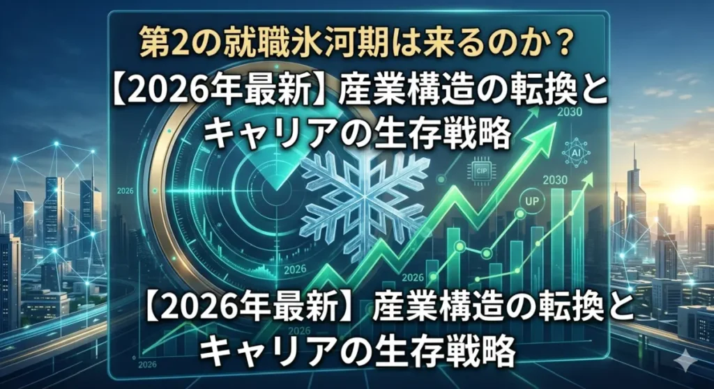 2026年最新の日本経済と雇用予測を象徴する、第2の就職氷河期と産業構造転換への生存戦略を描いたアイキャッチ画像