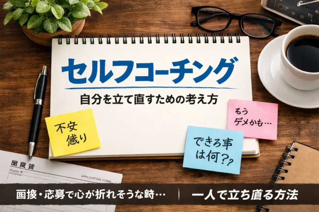 応募や面接で不安を感じたときに、一人で心を整えるセルフコーチングをテーマにしたノートと文房具のアイキャッチ画像
