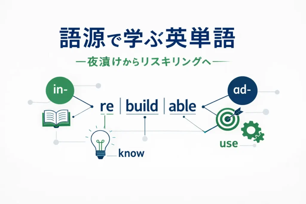 語源を手がかりに英単語をパーツ分解し、接頭辞と既知の単語を線でつないで理解する語彙リスキリングのイメージ