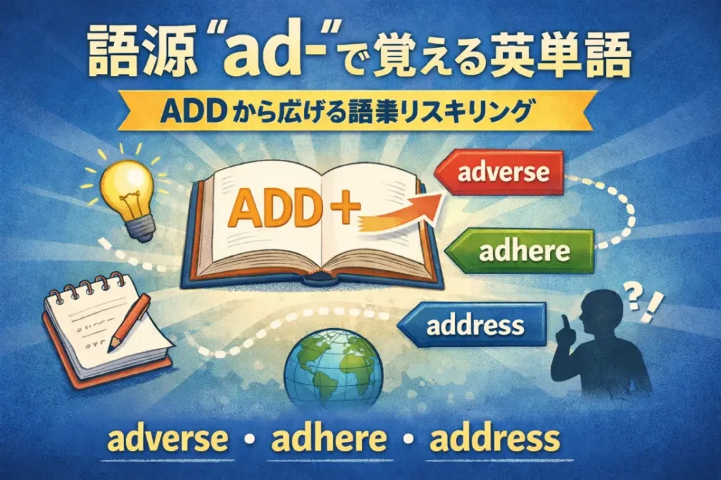 接頭辞 ad- を基本語 ADD(付け加える)から理解し、adverse・adhere・address へ意味が広がっていく様子を示した語源学習用の概念イラスト