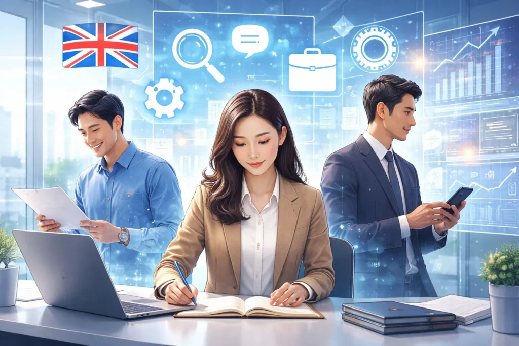 英語学習とリスキリングの違いを示す概念イメージ。仕事・キャリアと英語スキルが結びつく様子を抽象的に表現したビジュアル