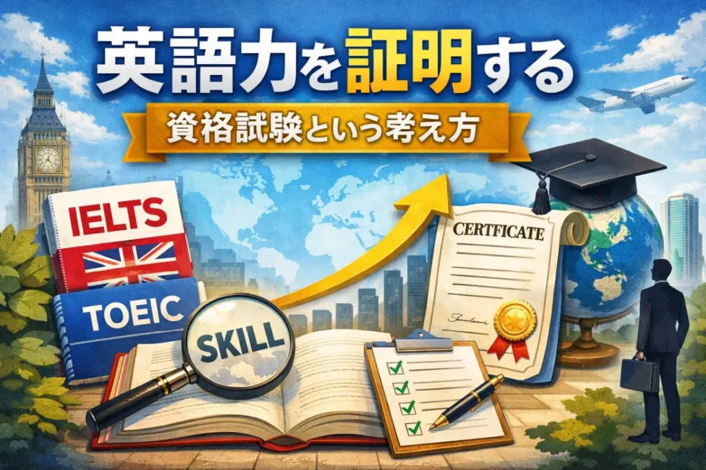 英語力を資格試験で証明する考え方を表現したイメージ。IELTSやTOEICの教材、スキルを示す拡大鏡、修了証と上昇矢印が描かれている。