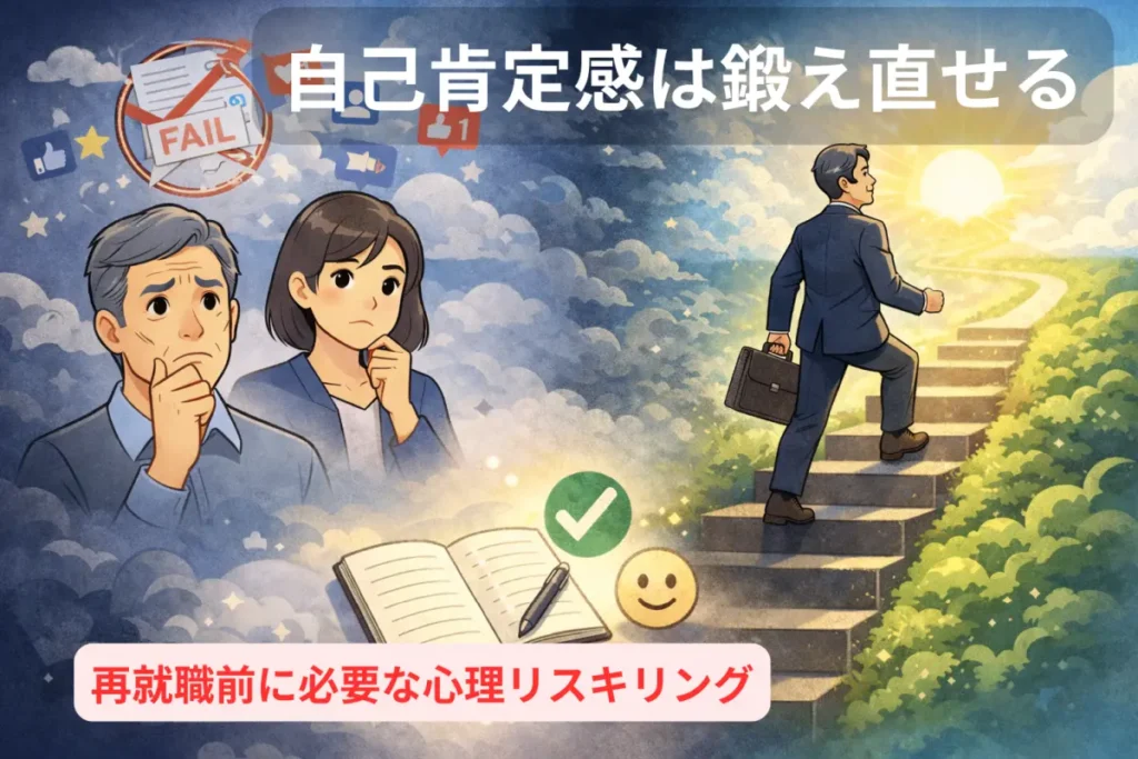 自己肯定感の低下に悩む中高年男女と、再就職へ向けて一歩踏み出すビジネスマンの対比イメージ