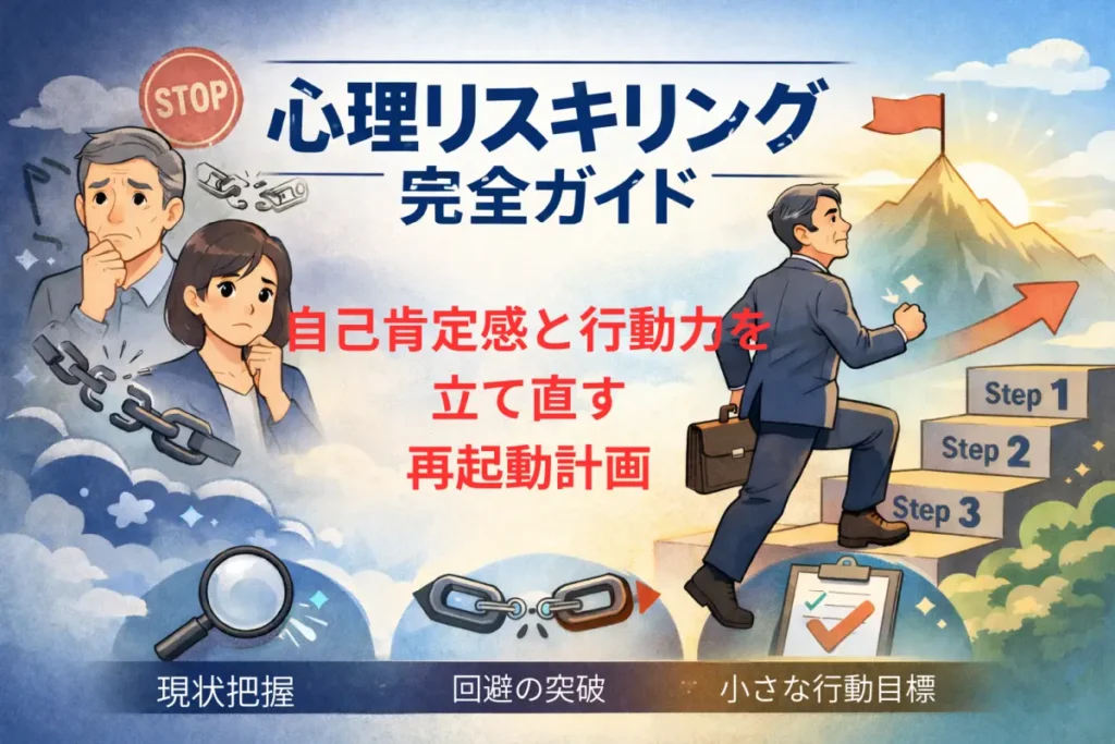 心理リスキリング完全ガイド｜自己肯定感と行動力を立て直す再起動戦略のイメージイラスト
