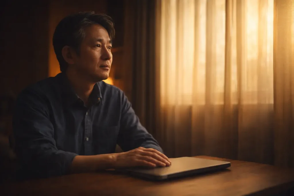 朝の柔らかな光の中、閉じたノートPCに手を置いて静かに内省する40代後半の日本人男性