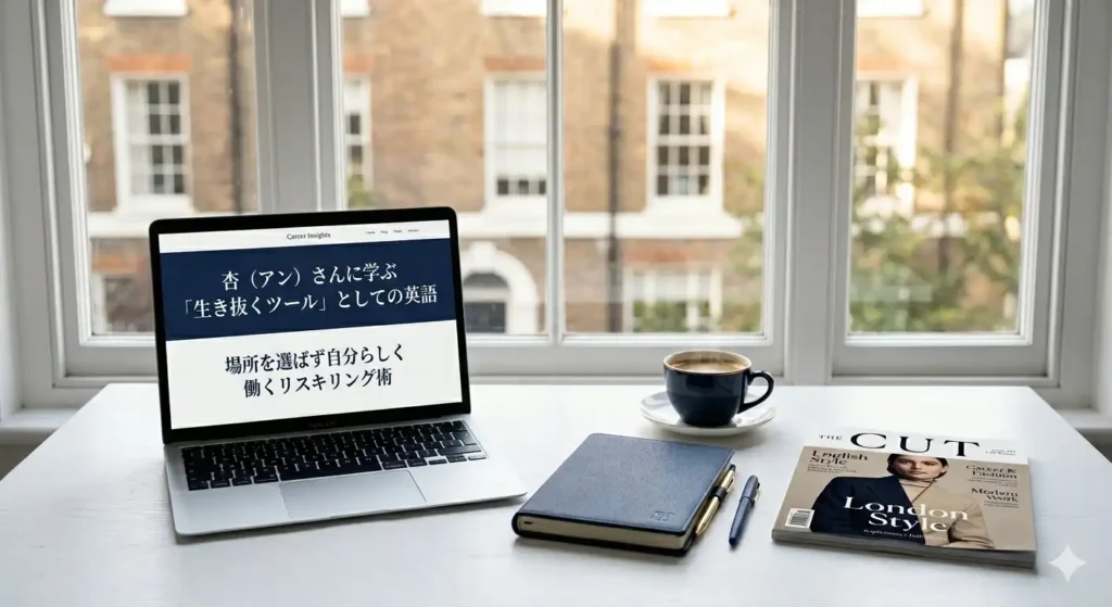 この画像は、白を基調としたデスクの上に、ノートパソコン、ノート、ペン、コーヒーカップ、雑誌が置かれている、落ち着いた雰囲気のワークスペースを捉えた写真です。デスクの後ろには大きな窓があり、窓の外にはレンガ造りの建物がぼんやりと見えます。