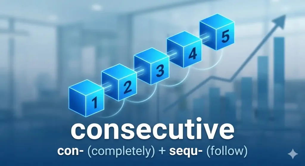 consecutiveの意味と語源「con-(完全に)+sequ-(続く)」を解説するインフォグラフィック。1から5まで順番に積み上がった青いブロックが、連勝や連続休暇などの「順序よく続く連続」を視覚化。