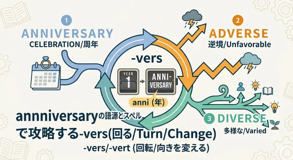 anniversaryの語源「-vers(回る)」を中心に、adverse(逆境)やdiverse(多様な)が芋づる式に繋がる語根ネットワークの解説図。1年(anni)が回転する仕組みとスペルの由来を視覚化したインフォグラフィック。