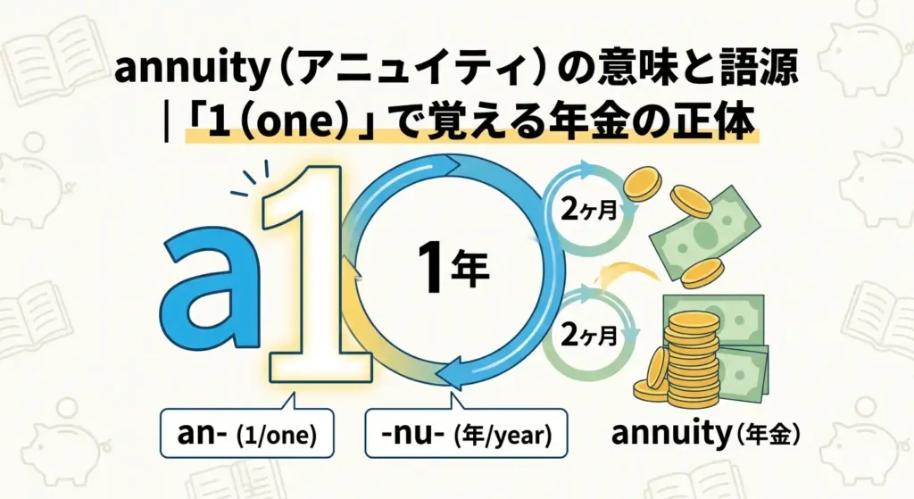 annuity(年金)の語源を解説するインフォグラフィック。中心に「an- (1/one)」を意味する大きな『1』と、1年(-nu- / year)を象徴する時計回りループ。日本の支給実務である「2ヶ月」サイクルとのギャップを矢印で表現しつつ、積み重なるコイン(年金)で言葉の仕組みを視覚化。超初級者向け、大学教員監修。