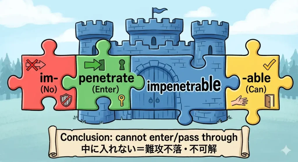 Gemini の回答
impenetrable(インペネトラブル)の語源を分解して解説するパズル風の図解。左から赤いピース「im- (No:否定)」、緑のピース「penetrate (Enter:中に入る)」、黄色のピース「-able (Can:できる)」が組み合わさり、中央に「impenetrable」という単語が完成している。下部には結論として「中に入れない=難攻不落・不可解」と日本語と英語で記載されている。