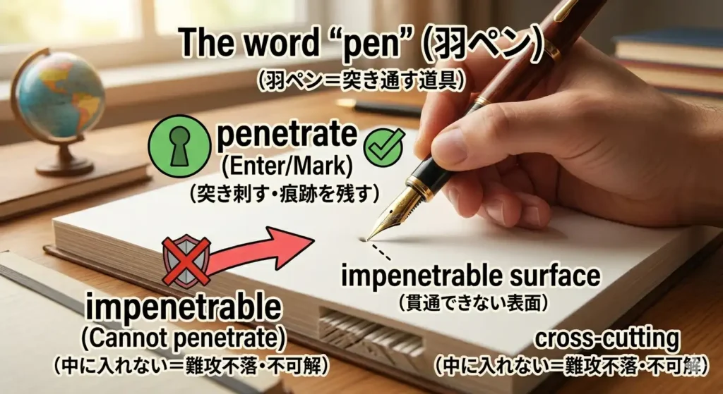 万年筆を持つ手が、厚い紙にペン先を突き刺し、貫通させようとしている様子を捉えた教育的な写真と図解。紙の上部には「impenetrable surface(貫通できない表面)」と日本語で記載され、その表面が容易には通り抜けられないことを強調している。中央には、ペン先が突き刺さる様子に、「The word 'pen' (羽ペン)」、「penetrate (Enter/Mark)(突き刺す・痕跡を残す)」、「impenetrable (Cannot penetrate)(中に入れない=難攻不落・不可解)」という語源的な解説テキストが日本語と英語で重ねられ、鋭いペン先で突き抜けるイメージからimpenetrableの意味を直感的に理解できるように構成されている。