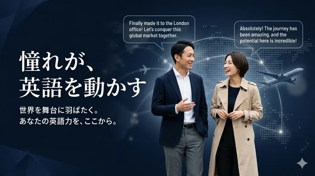 芸能人の英語スタイルから学ぶリスキリングをテーマにしたアイキャッチ画像。自信に満ちた表情の日本人男女が英語で会話するシーン。