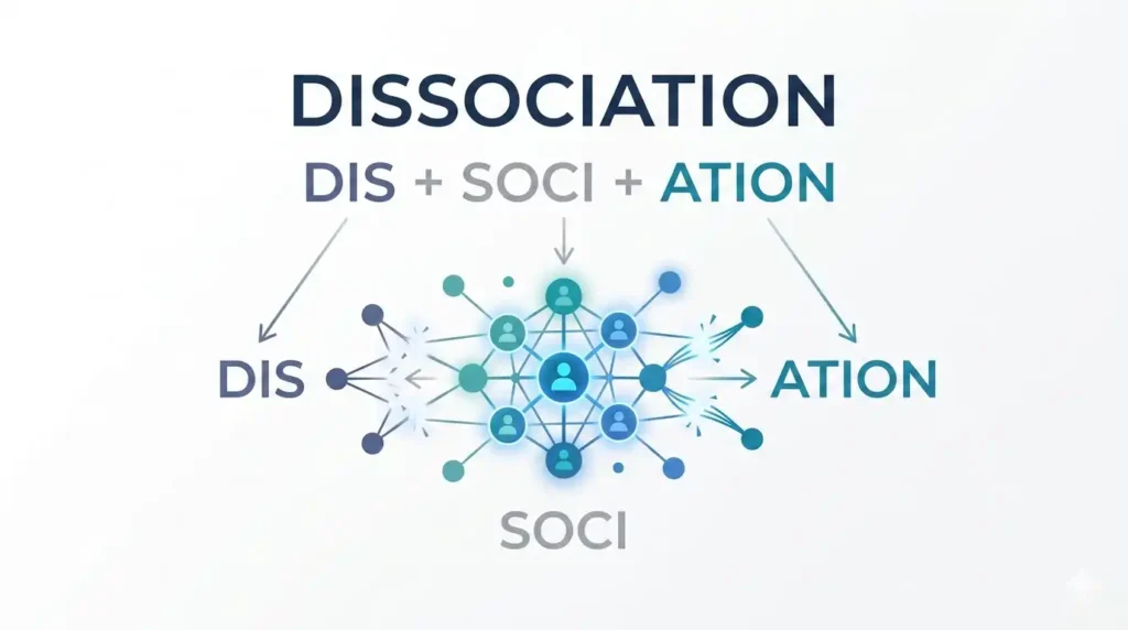 dissociationの語源 dis・soci・ation を示す英単語語源インフォグラフィック