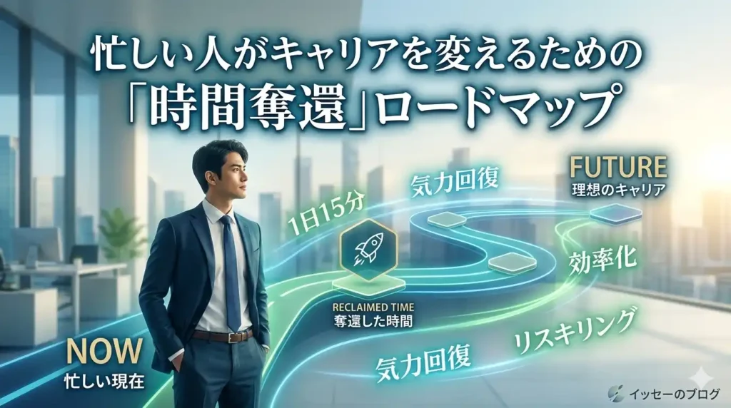 忙しい人がキャリアを変えるための「時間奪還」ロードマップ。現代的なオフィスから明るい未来都市へと続く光の道が描かれ、「1日15分」「気力回復」「効率化」「リスキリング」のキーワードが道筋に配置されたアイキャッチ画像。未来を見据えるビジネスパーソンのビジュアル。
