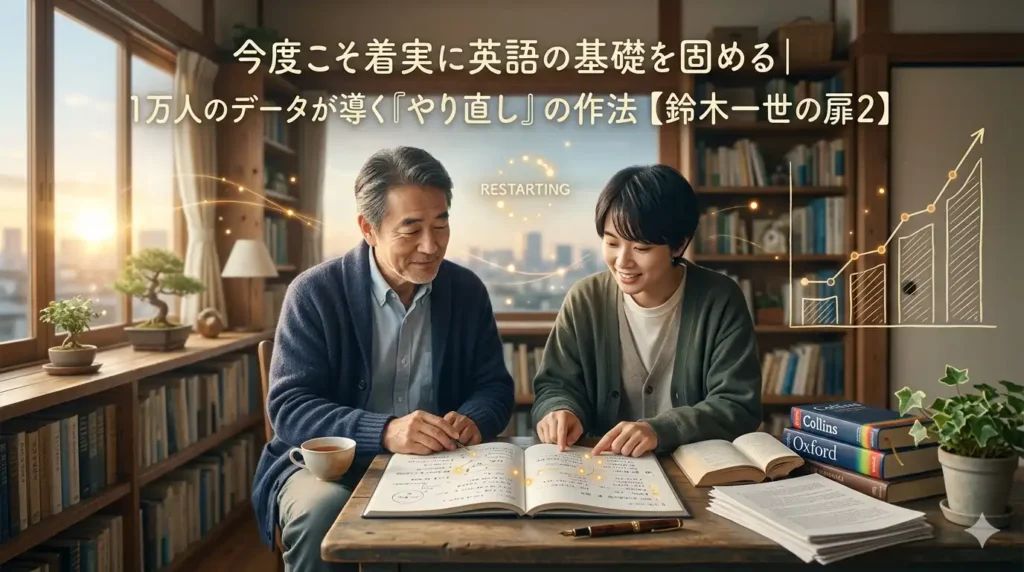 大学教員・カウンセラーとして45年、1万人のデータを分析してきた鈴木一世が、学習者の隣で優しく「英語のやり直し」をサポートする様子。背景には知的な書斎と希望の朝日、統計解析を象徴するデータポイントが描かれている。