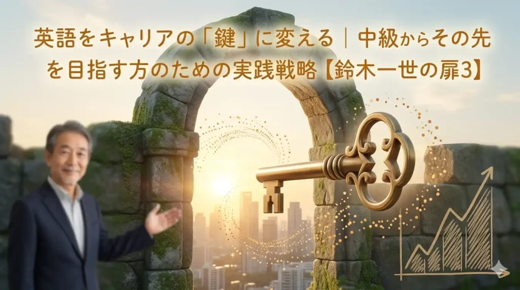 延べ1万人の指導データに基づき、中級英語学習者の伸び悩みの壁を突破する「鍵」を提示する鈴木一世(左)。黄金の鍵が古いアーチ(壁)を開き、その向こうに朝日に輝く未来のキャリア都市が広がっている。英語を一生モノの資産に変えるリスキリングの象徴。