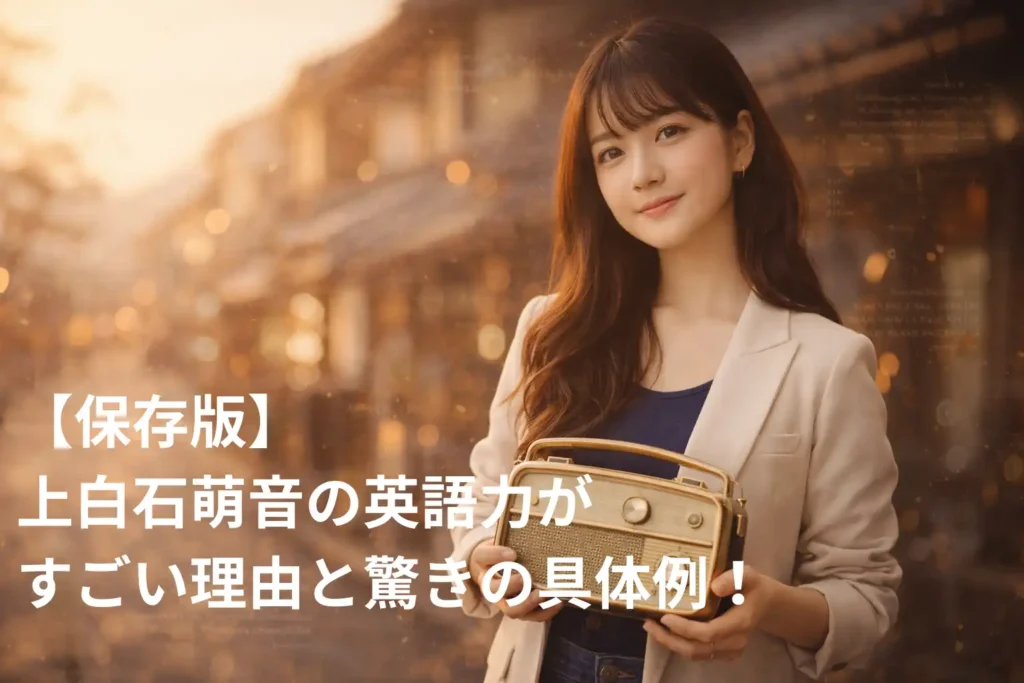 上白石萌音の英語力の背景をイメージした、レトロな街並みの中でラジオを手に微笑む女性のポートレート