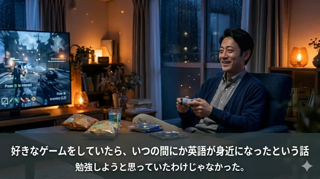 薄暗い部屋でゲームコントローラーを手に英語のゲーム画面を楽しむ男性。趣味の延長で英語が自然に身についた体験を表したイメージ画像。