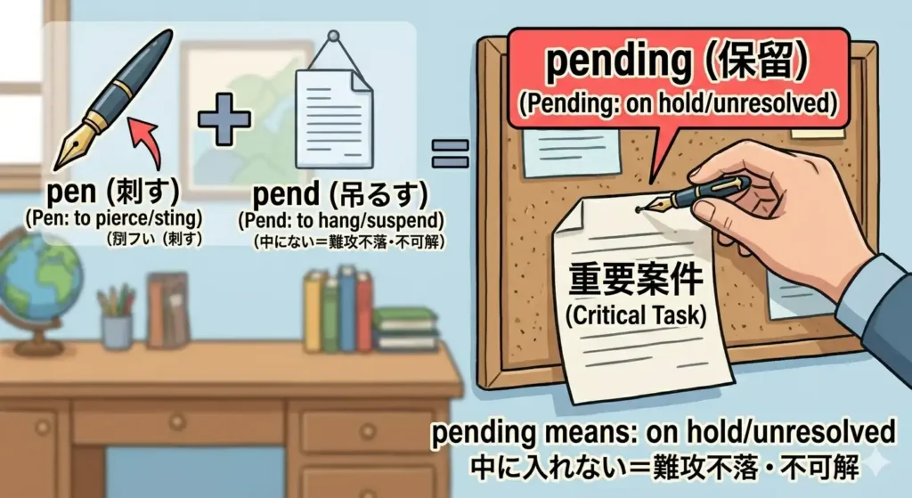 コルクボード壁にペン(ピン)で刺され、ぶら下がった「重要案件」の書類。左側に語源の構成要素「pen(刺す)」+「pend(吊るす)」=「pending(保留)」と図解し、未解決の状態を視覚化したイラスト。