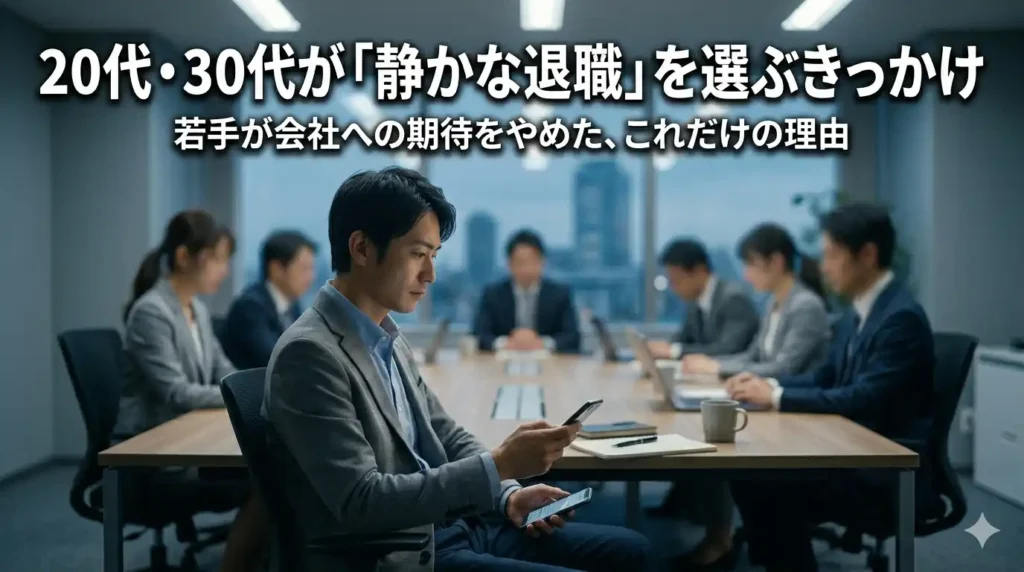 会議中にスマホを見る20代の会社員。静かな退職を選ぶ若手の疎外感と静かな抵抗を象徴する場面。