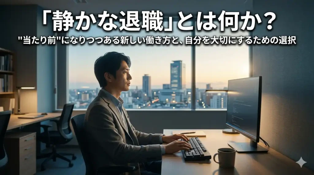 仕事への意欲を失い、窓の外を見つめる30代の会社員。静かな退職とは何かを象徴する、静寂と内省の場面。