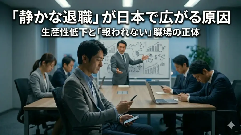 会議室で説明する上司と、下を向く社員たち。日本の職場に広がる静かな退職の構造的原因を象徴する場面。