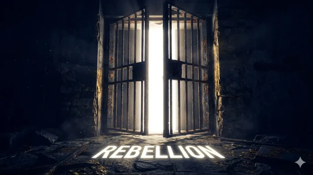 暗闇の中で鉄格子の扉が開き、眩しい光が差し込むイメージ画像。SixTONES「Rebellion」のアイキャッチ。