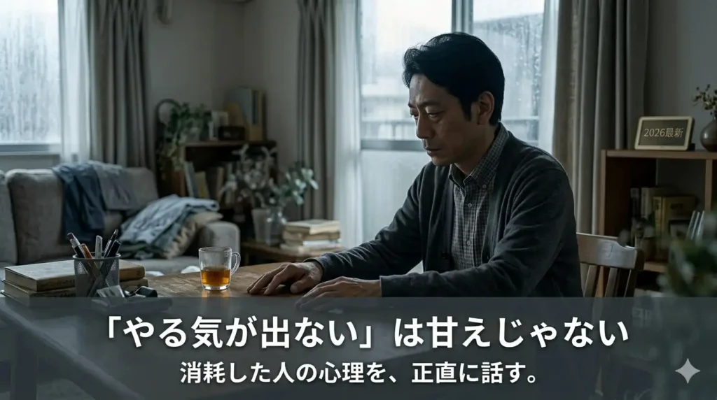 薄暗い室内でテーブルに手を置いたまま静止する40代の人物。やる気が出ない状態が甘えではなく消耗によるものであることを表したイメージ画像。